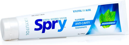 Spry Natural Xylitol Toothpaste 5oz for Adults and Kids with Fluoride, Gentle for Sensitive Teeth Whitening and Remineralizing, Breath Freshening, Mouth Moisturizing, Peppermint (Pack of 1)