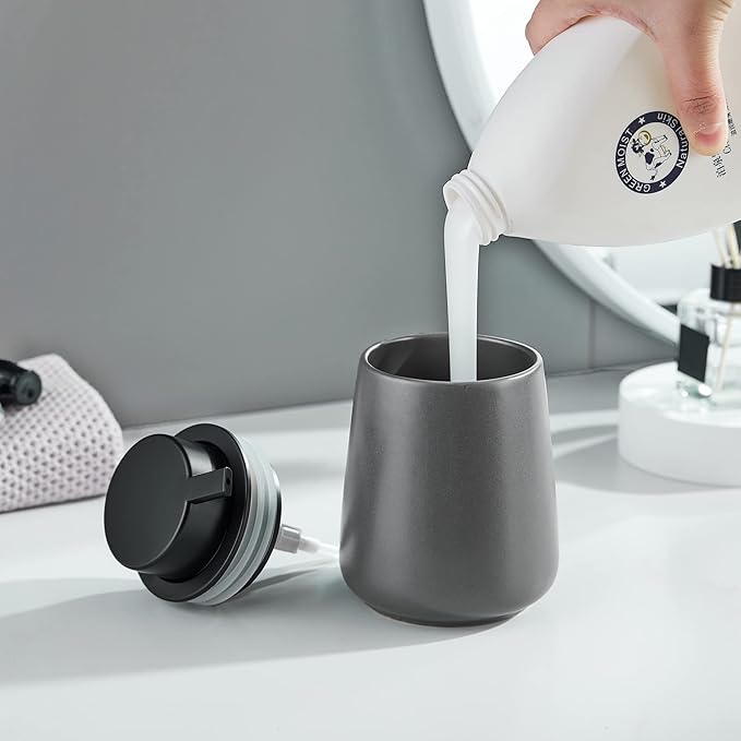12Oz Grey Hand Soap Dispenser - Modern Ceramic Lotion Soap Dispenser with Easy-to-Press Black Pump, Reusable and Refillable Liquid Soap Dispenser for Bathroom, Dish Soap Dispensers for Kitchen