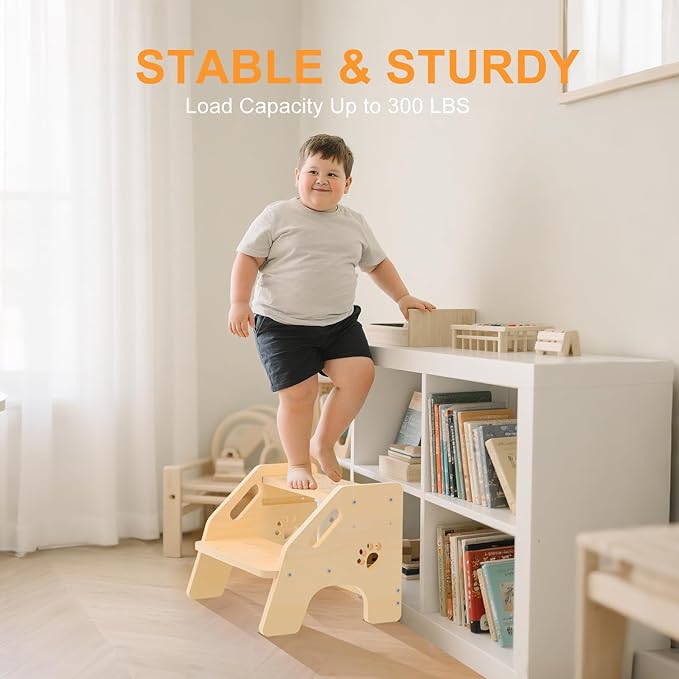 Toddler Step Stool Wooden 2 Step - Height Adjustable Bathroom Sink Helper with Non-Slip Rubber Feet and Cute Design - 300lbs Support Step Stool for Toddlers Kids Baby Use in Kitchen or Toilet