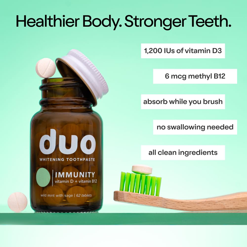 Duo Immunity Toothpaste Tablets | Vitamin D3 + B12 w/Nano-Hydroxyapatite (nHa) - Whitening, Remineralize & Reduce Sensitivity | Sustainable & Plastic Free | Wild Mint w/Sage, 1 Bottle/ 62 Tablets