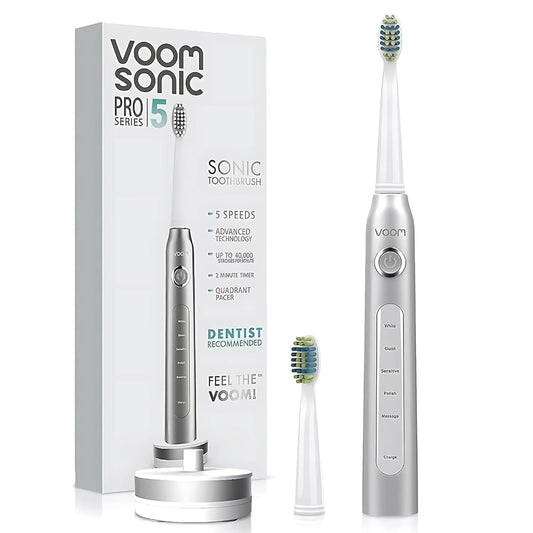Voom Sonic Pro 5 Series Rechargeable Electronic Toothbrush, Dentist Recommended, Advanced Oral Care, 2 Minute Timer with Quadrant Pacing, 5 Adjustable Speeds, Soft Dupont Nylon Bristles, Silver
