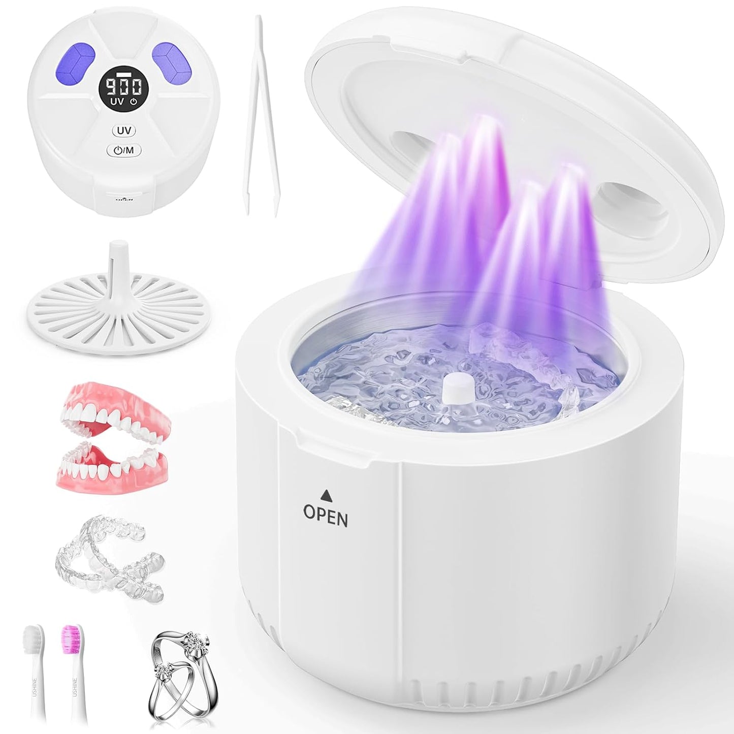 Ultrasonic Retainer Cleaner Machine, 45kHz Dental Cleaning Pod for Dentures, Aligners, Mouth Guards, Night Guards, Jewelry, Toothbrush, 5/10/15-Minute Timer, 200ML