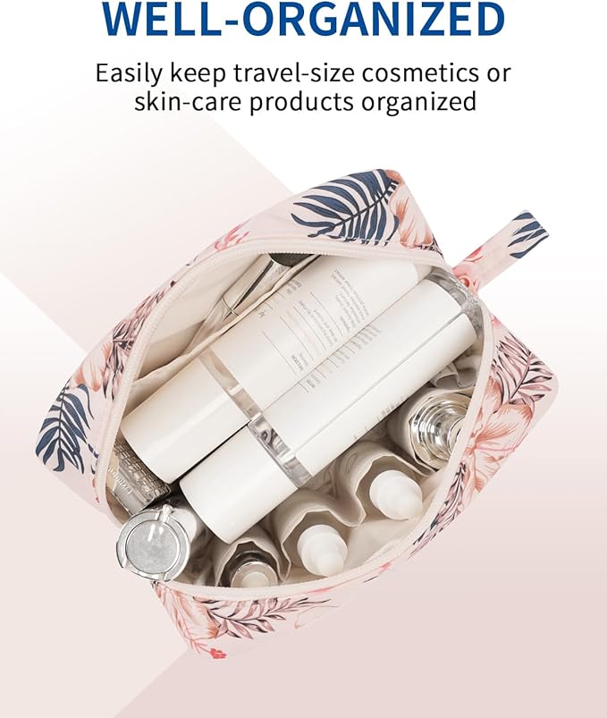 Narwey Cute Makeup Bag Small Toiletry Bag Travel Cosmetic Bag Organizer Make Up Bags with Organized Pockets for Women (Beige Flamingo, Large)