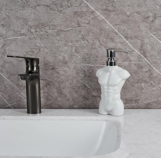 Ceramic Soap Dispenser with 304 Stainless Steel Pump Hand Lotion Liquid Dispenser Refillable for Kitchen and Bathroom Decorative (Matt White Figure)
