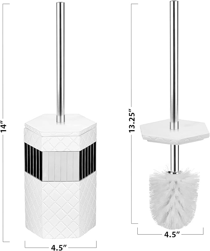 Creative Scents Quilted Mirror Bathroom Toilet Brush Set - White Toilet Bowl Brush and Holder - Good Grip Toilet Bowl Cleaner Brush and Holder - Decorative Compact Toilet Bowl Scrubber