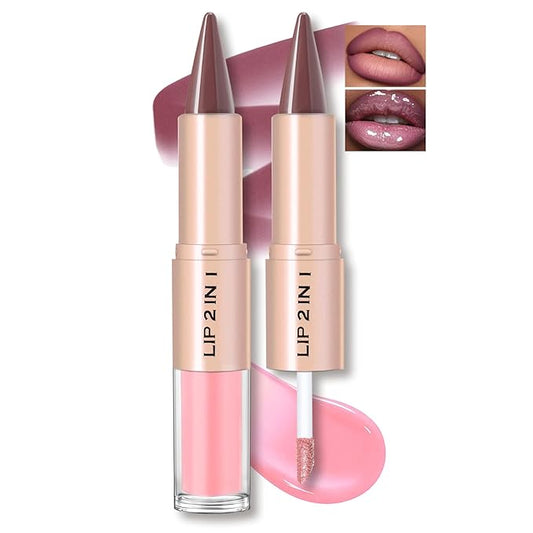 Lip Liner Gloss Lip Combo Set, 2 in 1 Lip Duo Natural Nude Lip Liner Lipstick Glossy Nourishing Blushl Dew Gloss Lip Kit, Smooth Quick Fuller Plumping Juicy Lip Makeup for Women05#Rose Dewy