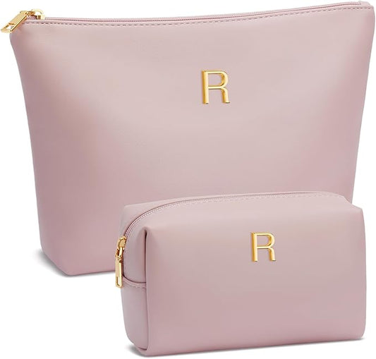 Women Gifts | Initial Makeup Bag Set for Girl Personalized Gifts for Bridesmaid Friend Graduation Teachers PU Leather Cosmetic Travel Toiletry Bag(Pink,R)