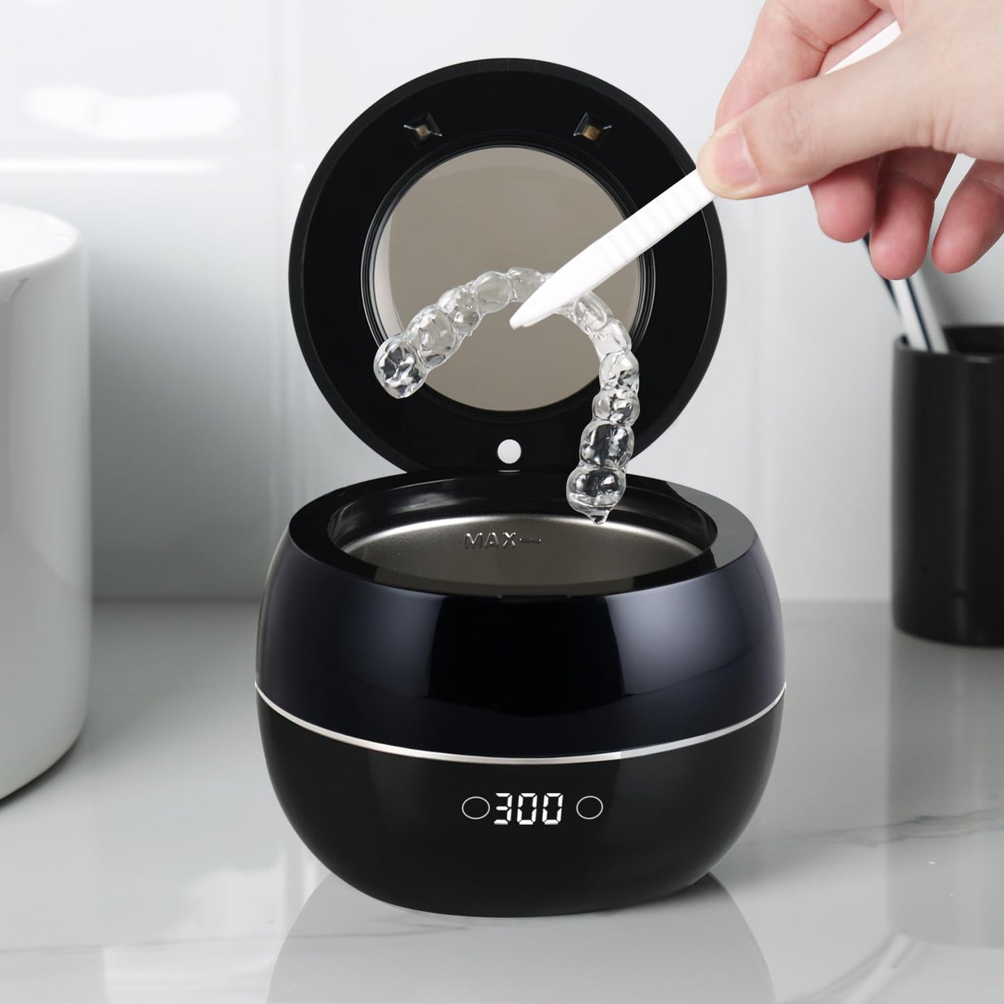 Dental Ultrasonic Retainer Cleaner Machine: 45kHz Dental Cleaning Pod for Denture, Aligner, Mouth Guard, Night Guard, Braces & Jewelry, UV Denture Cleaner with Digital Timer & Dual Mode 250ML Black