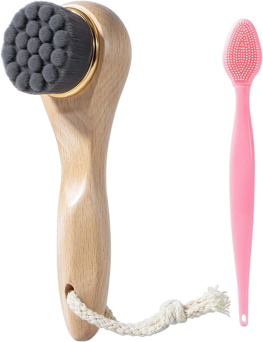 Face Scrubber with Wooden Handle, Manual Facial Cleansing Brushes for Deep Pore Cleansing, Soft Bamboo Charcoal Fiber Exfoliating Face Wash Brush and Silicone Lip Scrubber for Face Care, Black