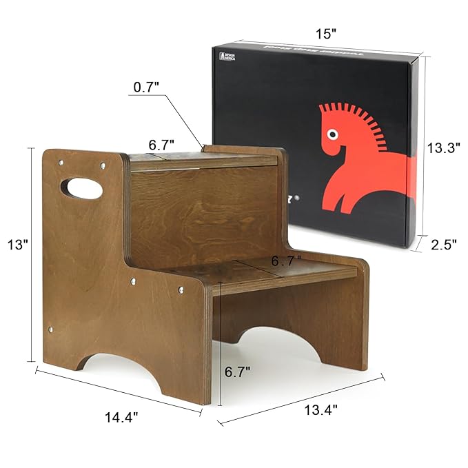 WOOD CITY Toddler Step Stool for Kids, Wooden Brown Two Step Children's Stool with Handles, Bonus Non-Slip Pads for Safety, Bathroom Potty Stool & Kitchen Step Stools Dual Height