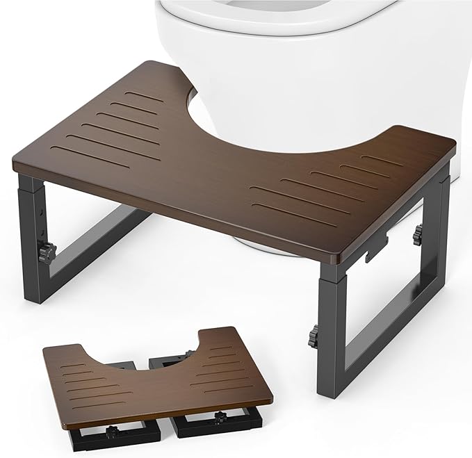 Bamboo Toilet Stool Squat, 7in 8 in & 9in Adjustable Heights, Foldable Poop Stools for Bathroom Adults Kids, Squat Stool Potty with Non-Slip, Sturdy Pooping Step Stools, Brown