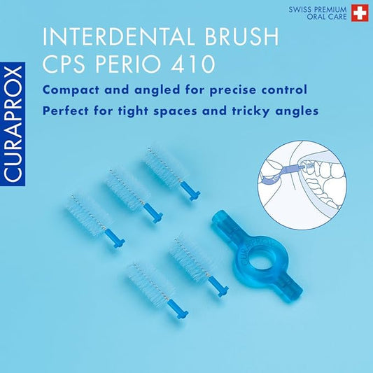 Curaprox Interdental Brush Set CPS 410 Perio – for Large Gaps & Gum Care | Includes 5 Brushes & Long-Handled Holder for Easy Reach | Swiss Made