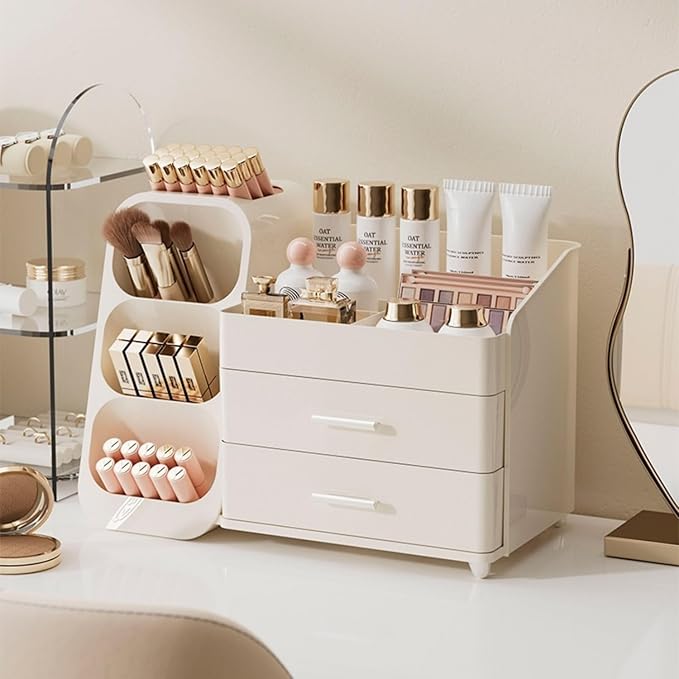 Makeup Organizer with Drawers,Large Capacity Countertop Organizer for Vanity,Bathroom and Bedroom Desk Cosmetics Organizer,Easy To Storage Skincare,Brushes,Lotions,Lipstick (All Cream)