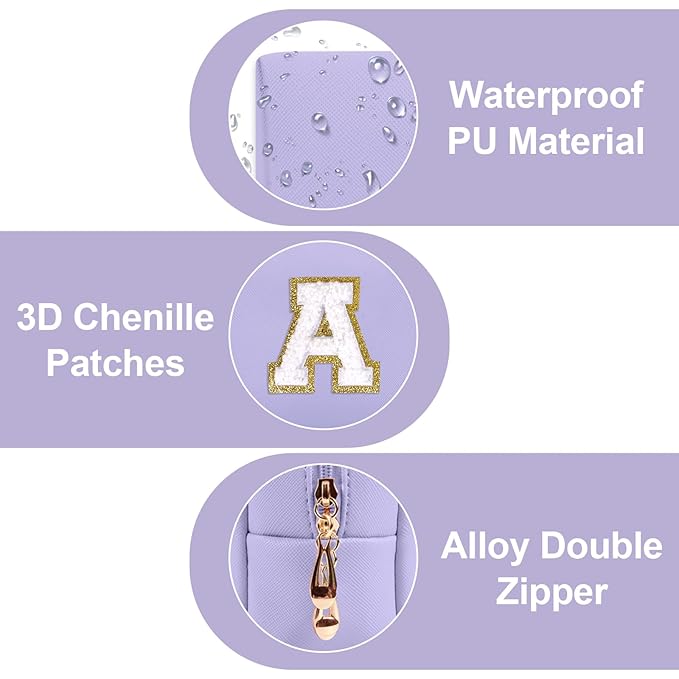 Personalized Makeup Bag Initial A-Z Preppy Patch Bag,Small PU Leather Travel Cosmetic Bag Pouch with Zipper,Purple Cute Toiletry Bag,Gift Ideal for Teen Girls Women Birthday Friend Mom,Latter A