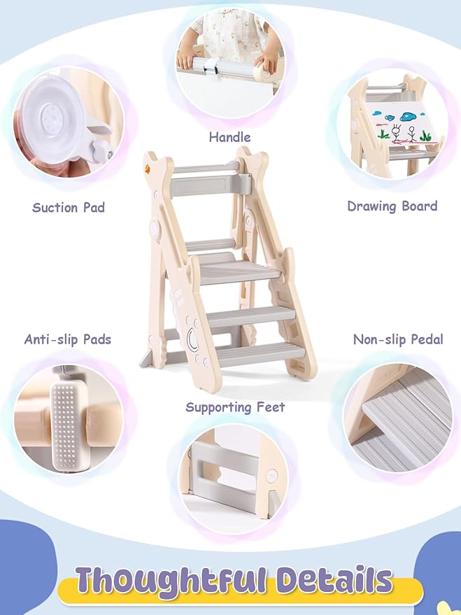 VBABY Foldable Toddler Tower, Plastic Kids Kitchen Stool, Adjustable Height Toddler Step Stool, Certified Standing Tower, White