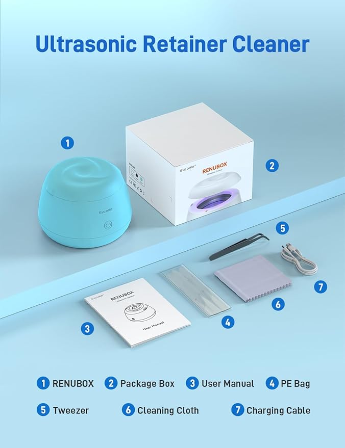 Ultrasonic Retainer Cleaner, EVA BELLE Denture Retainer Cleaner Machine, Tooth Cleaner for Oral Dental Care, Portable Rechargeable Dental Cleaning Pod for Night Guards, Braces, Aligner, Jewelry