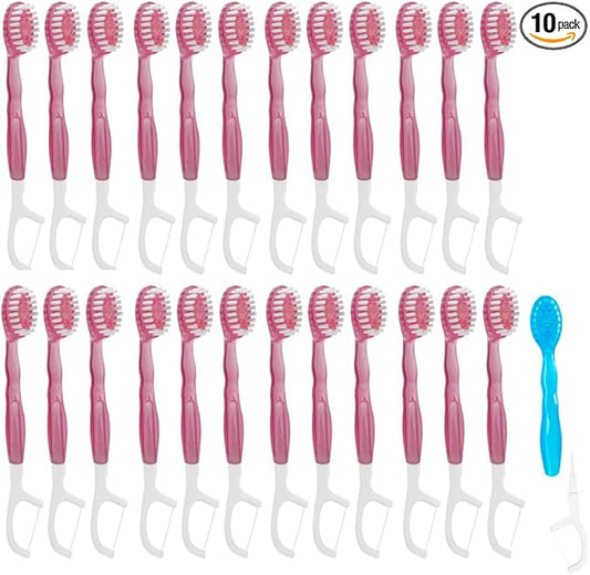 Mini Disposable Toothbrushes with Toothpaste 5 in 1 Travel Toothbrush Individually Wrapped Portable with Toothpaste + Tongue Scraper + Picks+Floss Travel Case (Peach, 10)