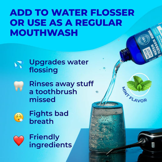 | Water Flosser Rinse, IRRIGANT, Concentrate Mouthwash | When dilluted1:10 = 44 fl.oz, Travel Size, Add to Oral irrigator, Mint Flavor, Alcohol & Fluoride Free. Made in USA | 4 fl.oz