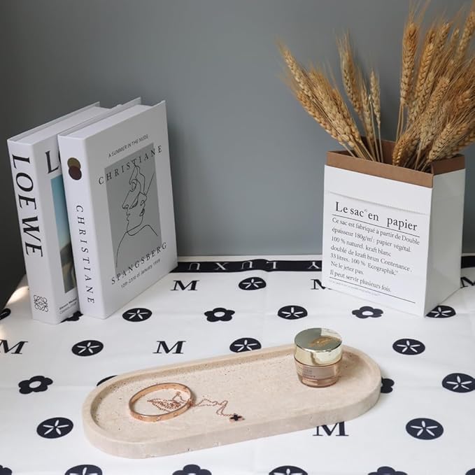 Natural Marble Tray, Oval Vanity Decorative Tray for Bathroom Counter, Countertop Stone Organizer, Catchall Tray for Kitchen, Perfume, Candles, Jewelry Dish Decorative Tray