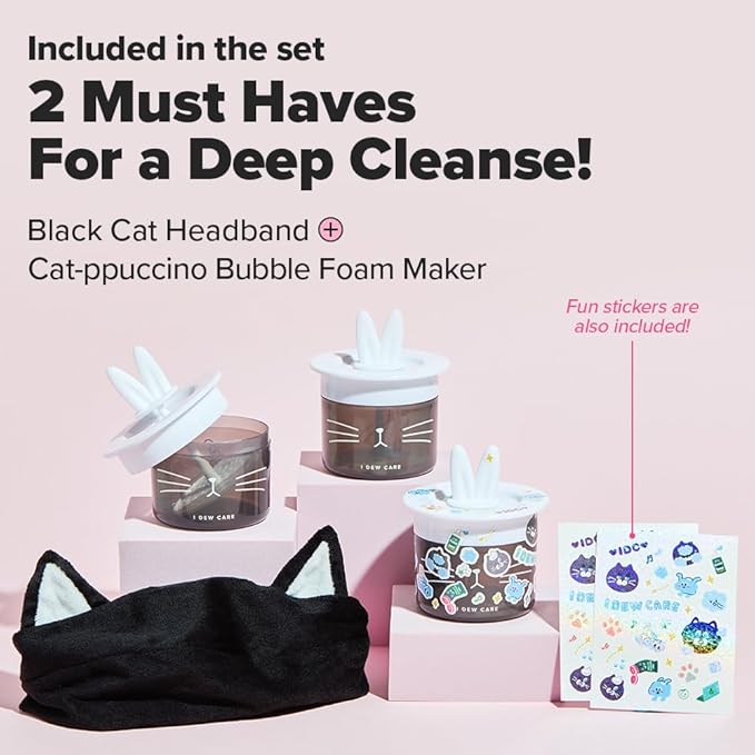 I DEW CARE Meet Bubble Kitty Headband & Bubble Maker Duo - Black Cat Headband and Cat-ppuccino Bubble Foam Maker | Facial Cleansing Duo, Bubble Foam Maker, Gift sets for women