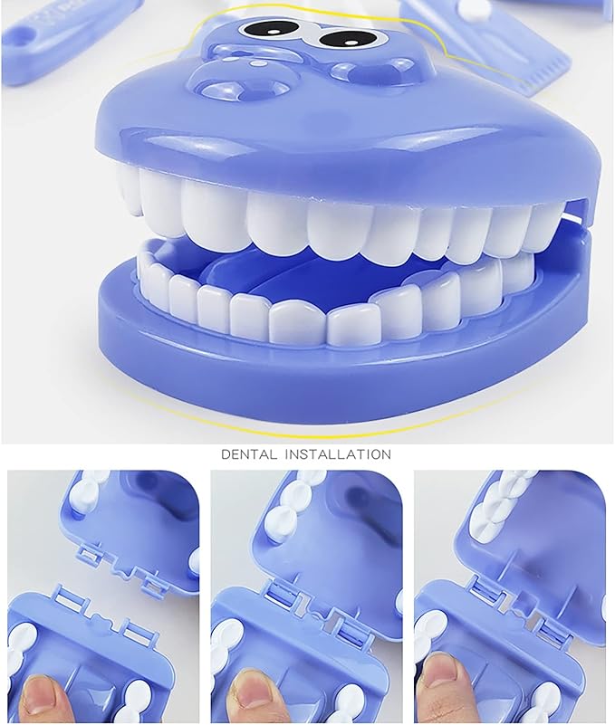 Dental Early Education Brushing Toys, 9Pcs/Set Children Role Play Toy Crocodile Early Education Cartoon Tooth Brushing Model Preschool Education Toy Dentist Game for Kids Classroom Blue