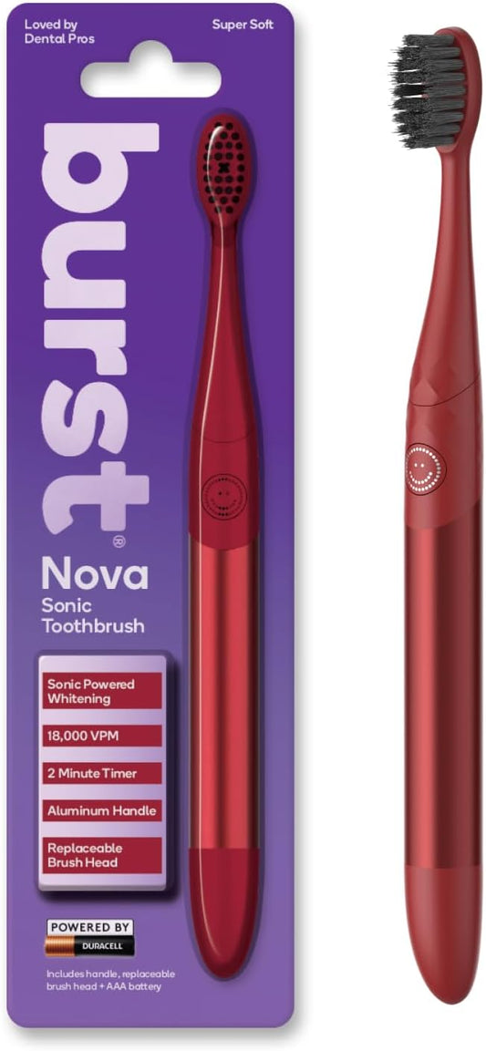 Burst Nova Toothbrush (Red) | Sonic Powered Teeth Whitening | Super-Soft Bristles | 18000 VPM | 2 Minute Timer | Aluminum Handle | Replaceable Brush Head | Compact Size | with AAA Battery