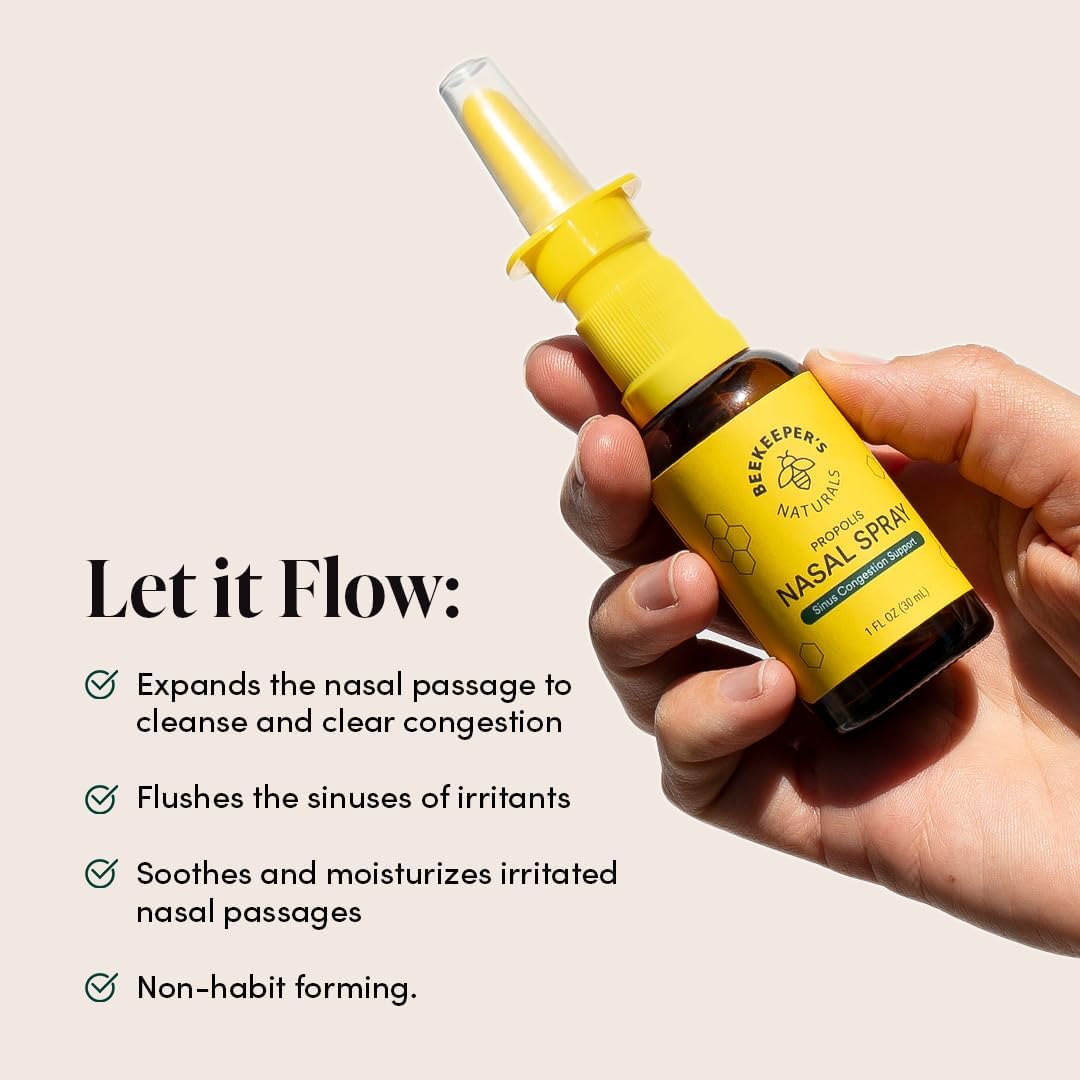 Beekeeper's Naturals Nasal Spray for Adults with Propolis, Xylitol & Saline, Clears Nasal Congestion, Moisturizes Sinus Canal, & Decongest Sinus Cavities, 1 fl oz(Pack of 2)