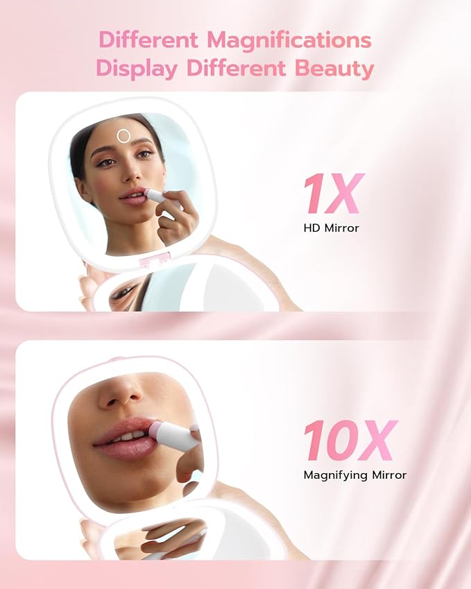 Benbilry 3.9" Rechargeable Compact Makeup Mirror with 3 Light Colors and Magnification 1X / 10X, Double Light Strip Dimmable Small LED Travel Mirror for Purse, Light Pink