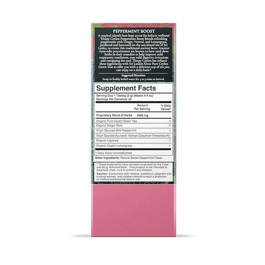 Térapy Ceylon Peppermint Tea | All Natural Herbal Ingredients | 100% Organic Peppermint Tea Bags Individually Wrapped | Eco-friendly & Unbleached Herbal Tea Bags | 20 Count