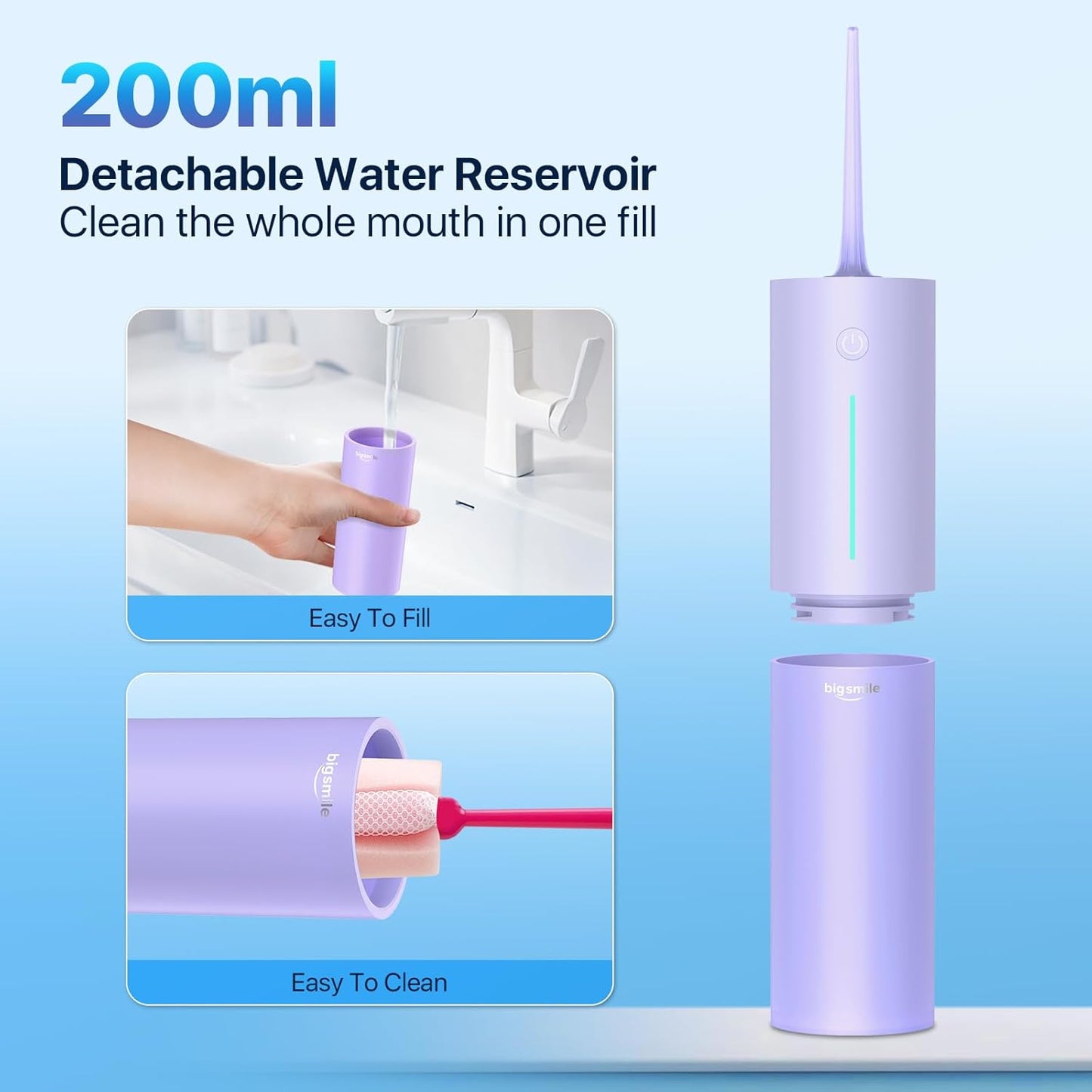 Bigsmile Water Dental Flosser, Rechargeable Oral Doucher, IPX7 Waterproof, Professional Teeth Cleaning, Effectively Keep Mouth Clean and Healthy (Purple)