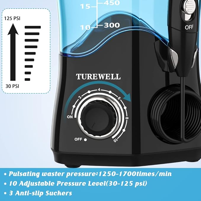 TUREWELL Water Dental Flosser for Teeth/Braces, Water Teeth Cleaner 8 Jet Tips and 10 Pressure Levels, 600ML Large Water Tank Oral Irrigator for Family(Black)