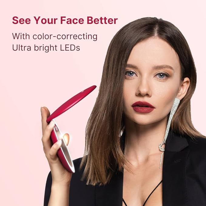 Fancii Taylor LED Lighted Travel Makeup Mirror, Rechargeable, 10x /1x Magnifying, Tru-Glow Light Technology, XL Large 5” Wide | Compact Mirror for Purses (Ruby Red)