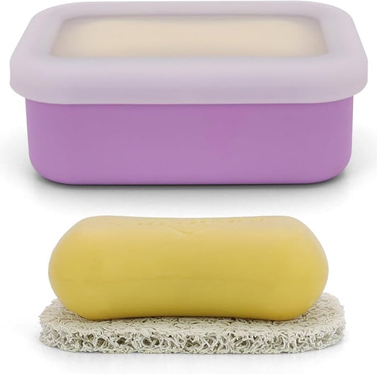 Enhanced Leak Proof Soap Container, Compact Silicone Travel Soap Holder with Drainage Pad, Shampoo Bar Case for Travel, Camping, Gym and Dormitory (Purple)