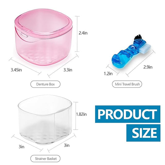 Travel Denture Case Denture Soaking Container with Brush, Denture Cleaning Case Retainer Bath Box Case False Teeth Container - Leak Proof & Lid Waterproof - Transparent Pink