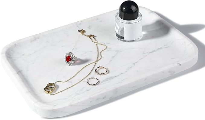 Statuario Marble Vanity Tray - Decorative Organizer for Bathroom Countertop, Dresser, Kitchen Sink