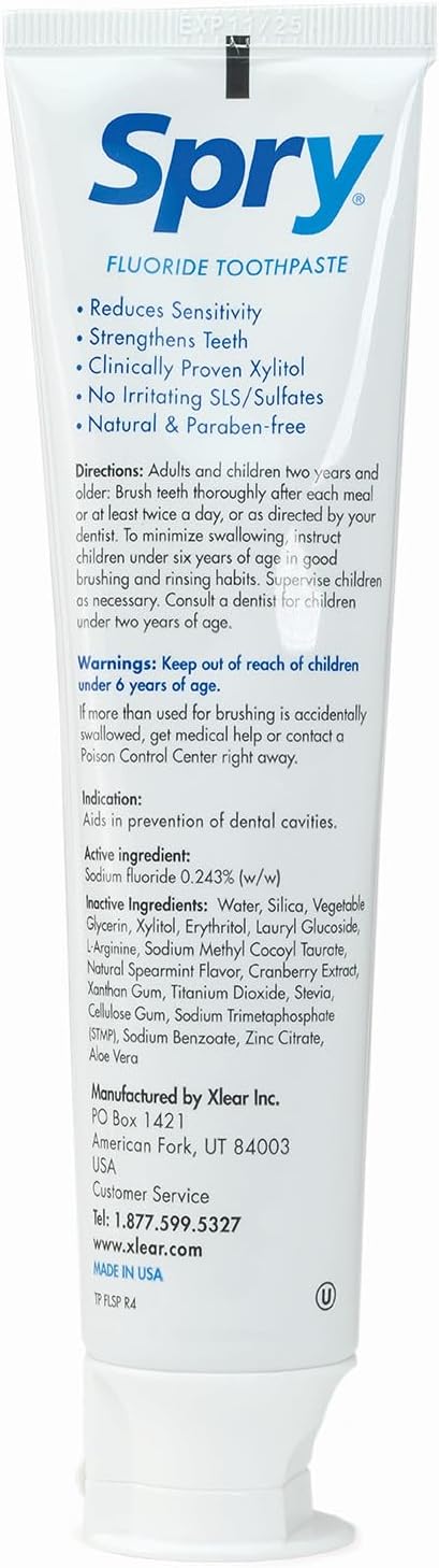 Spry Xylitol Toothpaste with Fluoride, Natural Spearmint, Anti-Cavity, 5 oz (3 Pack)