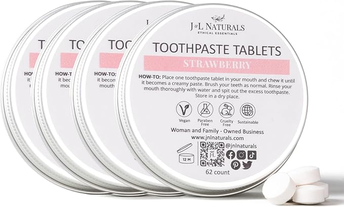 J&L Naturals Toothpaste Tablets | 62-Pack Travel-Friendly Toothpaste | Fluoride + Plastic Free, Vegan, Cruelty Free, Sustainable | Woman-Owned Small Business (Strawberry, 62 Count (Pack of 4))