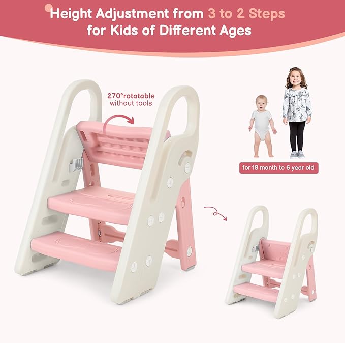 Onasti Foldable Toddler Step Stool for Bathroom Sink, Adjustable 3 Step Stool for Kids Toilet Potty Training Stool with Handles, Child Kitchen Counter Stool Helper, Plastic Ladder for Toddlers Pink