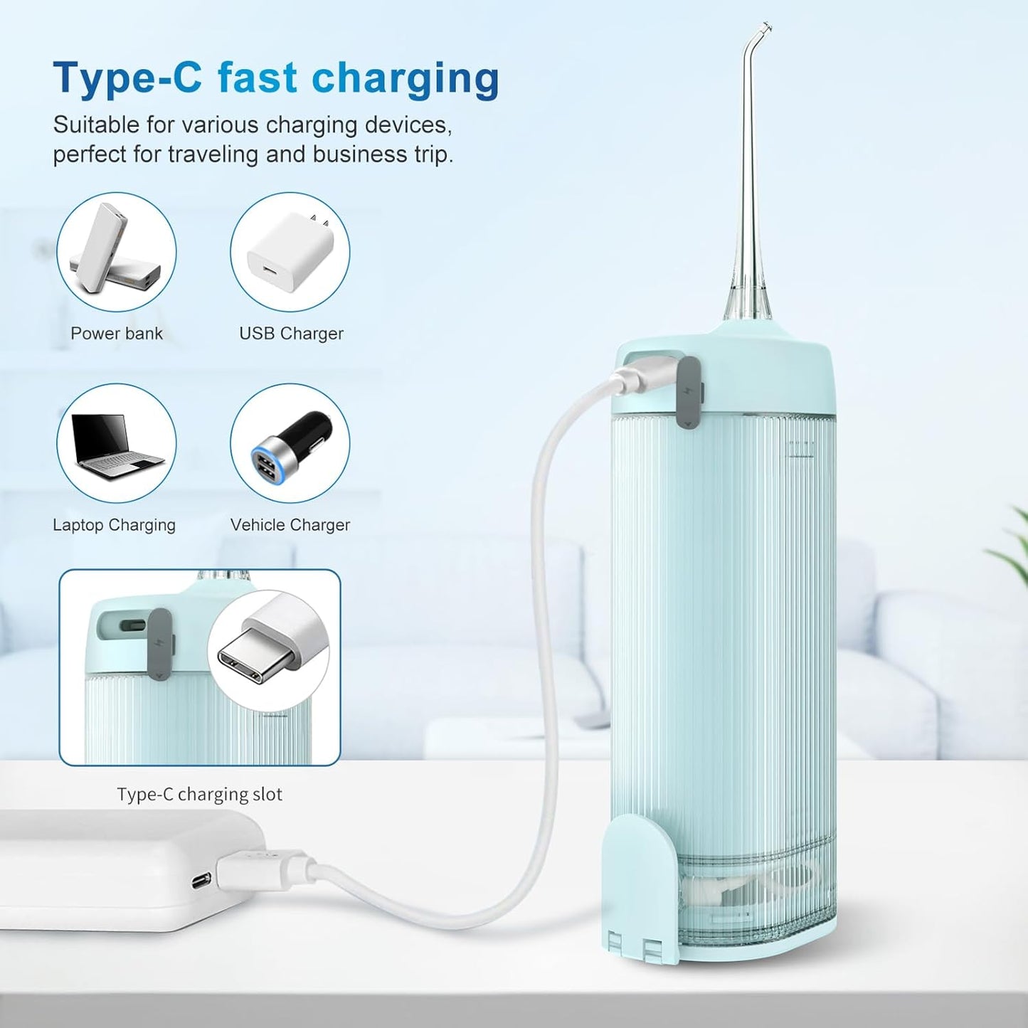 Mini Portable Water Flosser Oral Irrigator Water Teeth Cleaner Pick, Telescopic Water Tank, 4 Modes & IPX7 Waterproof, Home & Travel Water Flossers for Teeth, Braces Bridges Care. (Pearl Blue)