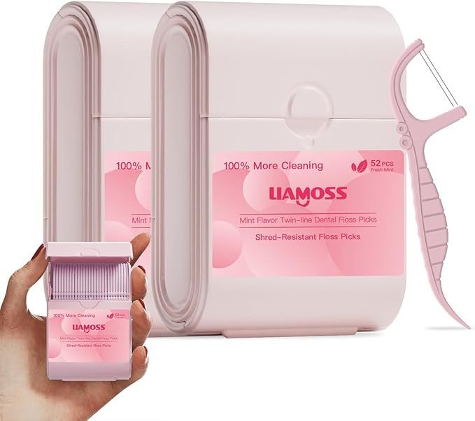 Twin-Line Dental Flossers,2 Box LIAMOSS Cool Mint Flavor Shred Resistant Dental Floss Picks Pink Handy Case,104 Count Toothpicks Sticks,Effective Interdental Cleaning,On The Go Flossing(Pink)…