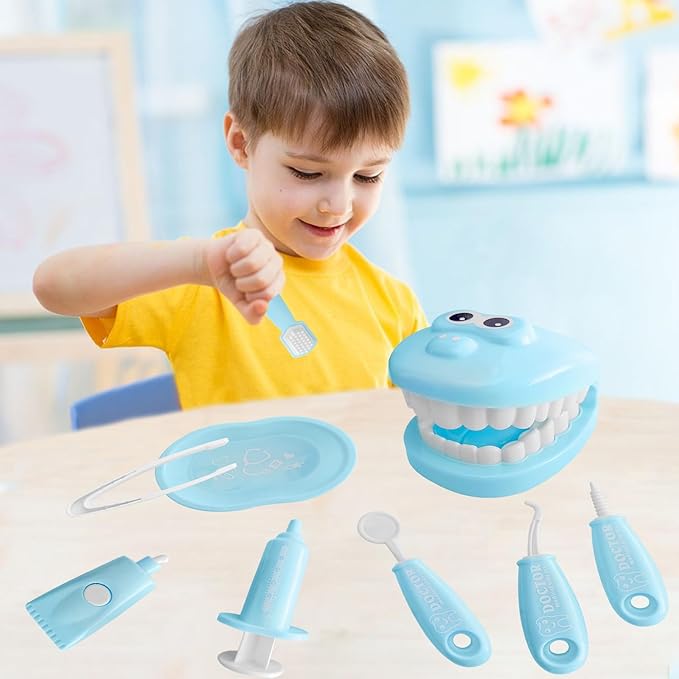 9-Piece Dental Pretend Play Set, Educational Dentist Play Kit with Teeth Model, Toothbrush, Dental Mirror, Syringe, Toothpaste, Tray, and Dental Tools, Fun Pretend Play Doctor Kit for Kids (Blue)