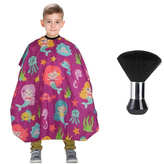 Kids Barber Cape with Neck Duster Brush, Professional Salon Hair Cutting Cape with Adjustable Snap Closure(Cartoon Mermaids)