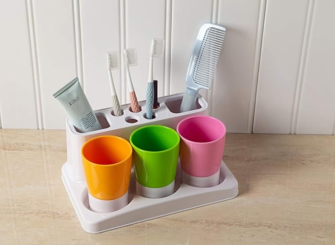 Toothbrush Holder Kids Family Set for Bathroom Storage Organizer (Orange+Green+Pink)