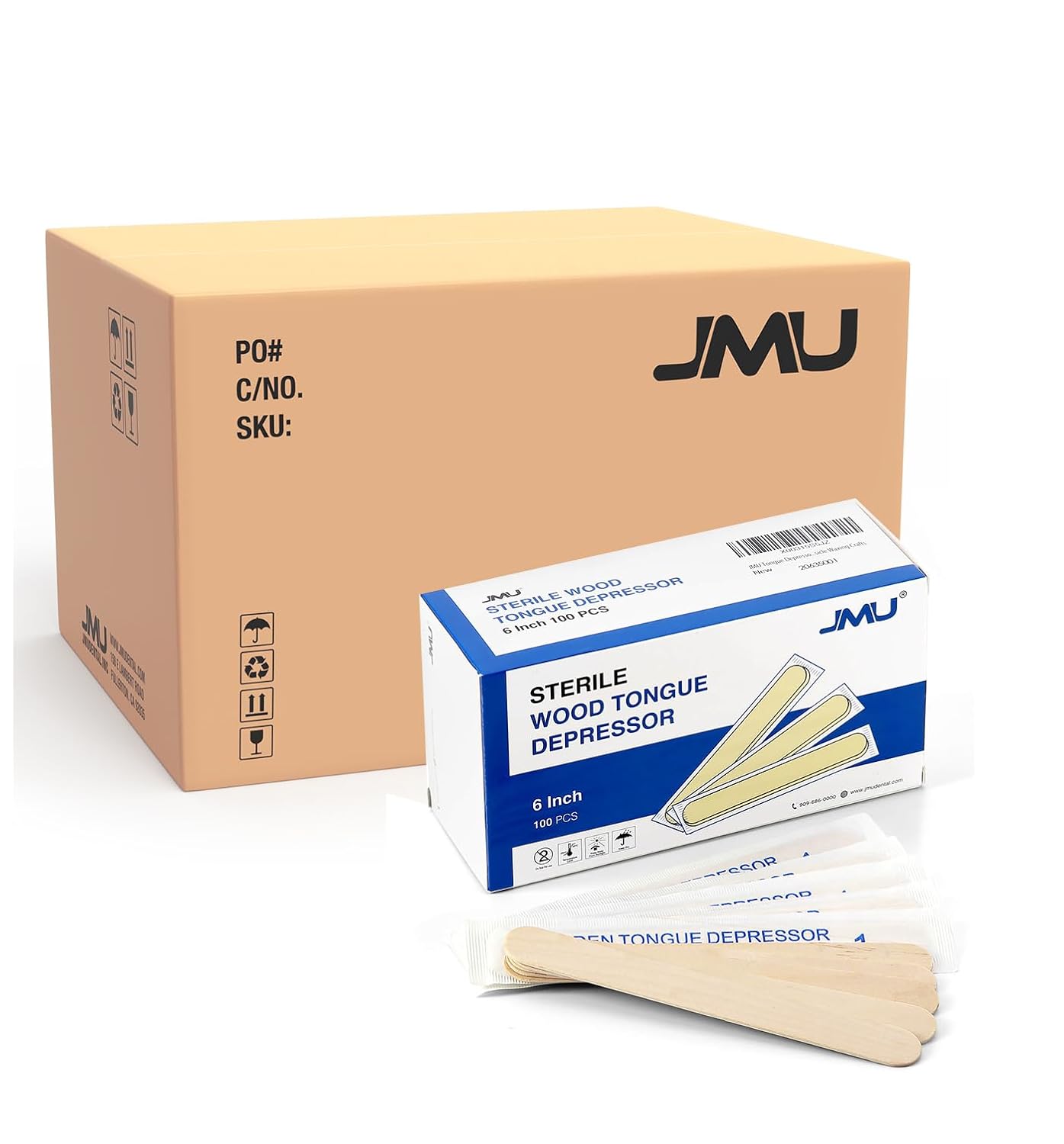 JMU Tongue Depressor Sterile 5000Pcs, 6" Tongue Depressor Wood Individually Wrapped (100pcs/Box, 50 Boxes)