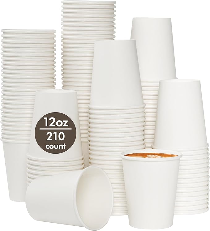 210 Count 12 oz Coffee Cups, White Paper Cups 12 oz for Water Juice or Tea, Perfect for Office Home Party