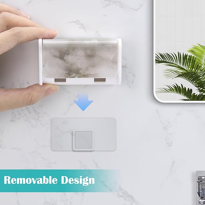 Toothbrush Holders Wall Mounted with Cover, Electric Tooth Brushing Holder for Bathroom, 2 Slots Self Adhesive Toothbrush Organizer, Toothbrush Stand for Family, Kids (1, White Marble)