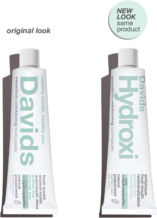Davids Hydroxi Fluoride Free Nano Hydroxyapatite Toothpaste for Remineralizing Enamel & Sensitive Relief, Whitening, Antiplaque, SLS Free, Natural Peppermint, 4oz, Made in USA (3 Pack)