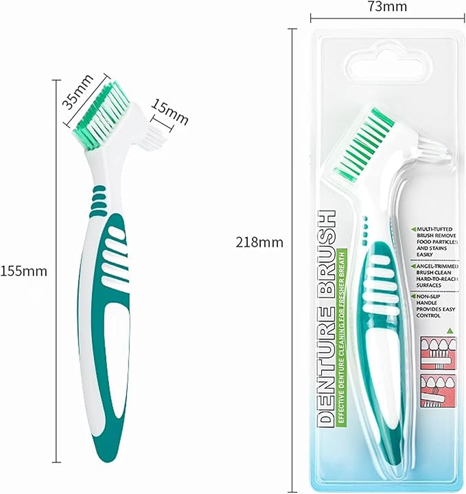 Denture Brush Dual Head Toothbrushes False Teeth Brush Denture Cleaning Kit Toothbrush (Blue Green)