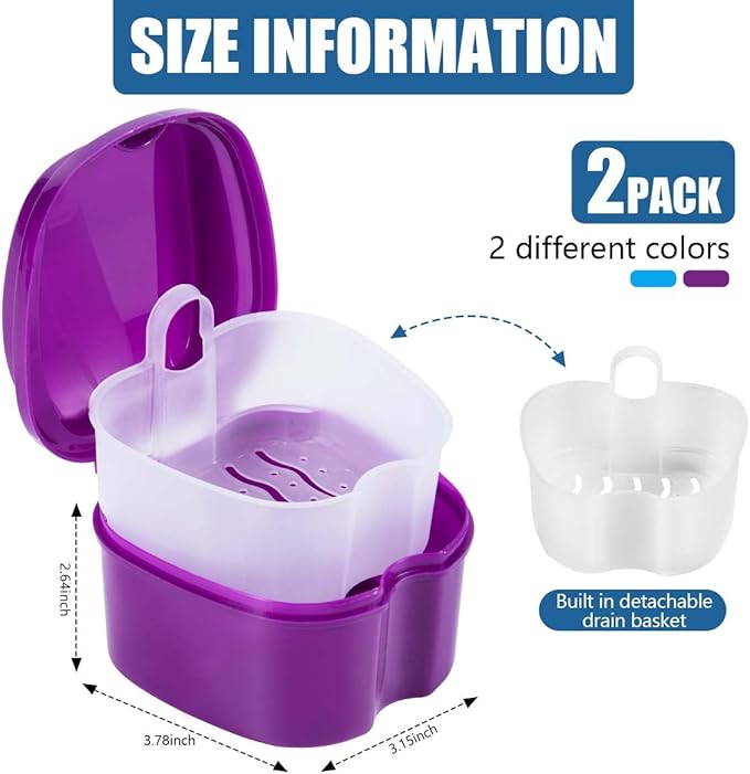 2 Pack Colors Denture Bath Case Cup Box Holder Storage Soak Container with Strainer Basket for Travel Cleaning (Light Blue and Purple)