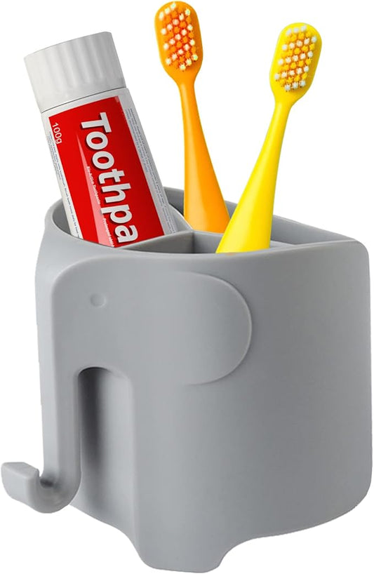 RyanLemon Elephant Toothbrush Holder for Toddler, Suction Cup Cute Toothbrush Holder for Kids, for Bathroom, with 3 Slots and 1 Hook, Grey